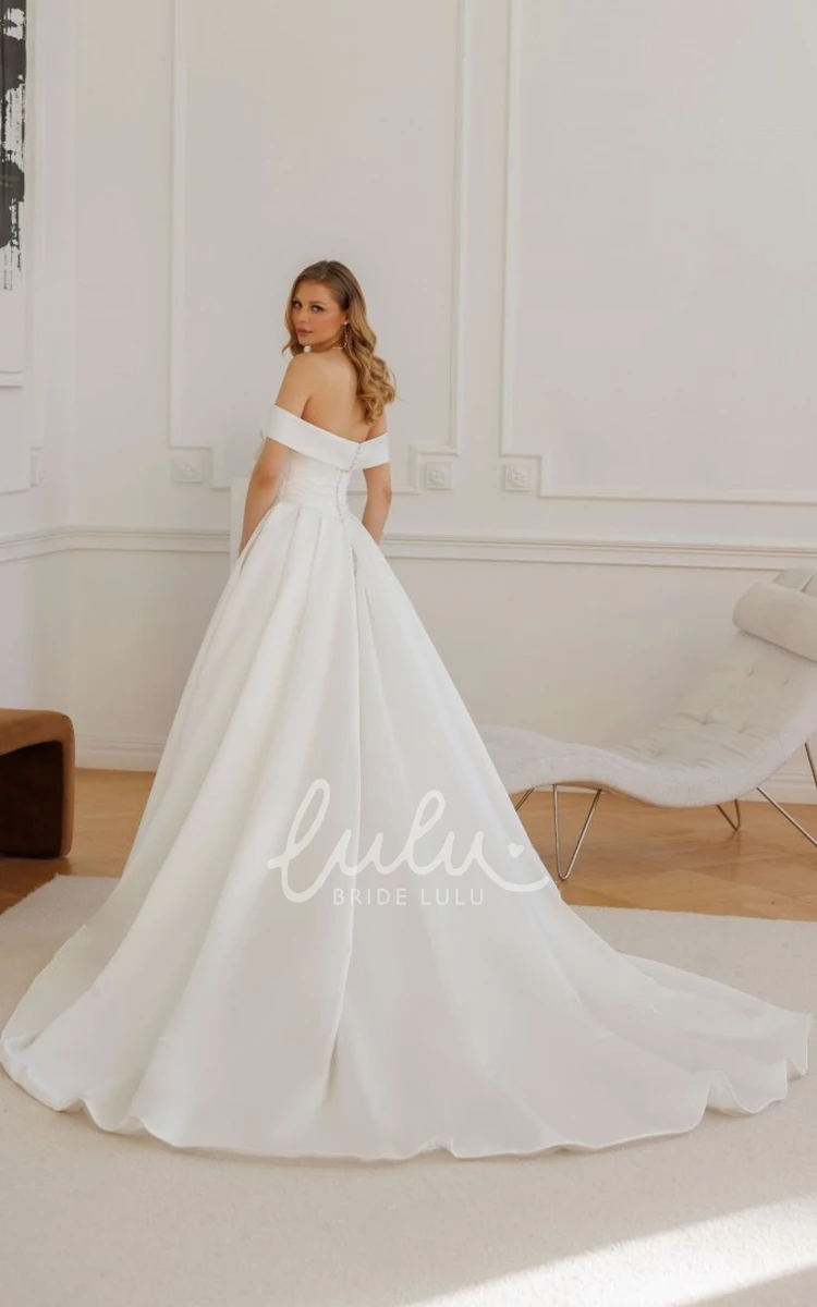 Modern Off-Shoulder A Line Solid Satin Wedding Elegant Sweetheart Floral Ball Gown with Chapel Train