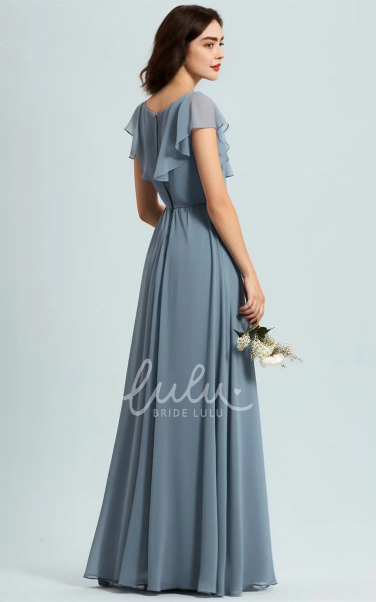Bohemian A-Line Chiffon Bridesmaid Dress with Short Sleeves and Floor-length in 2024