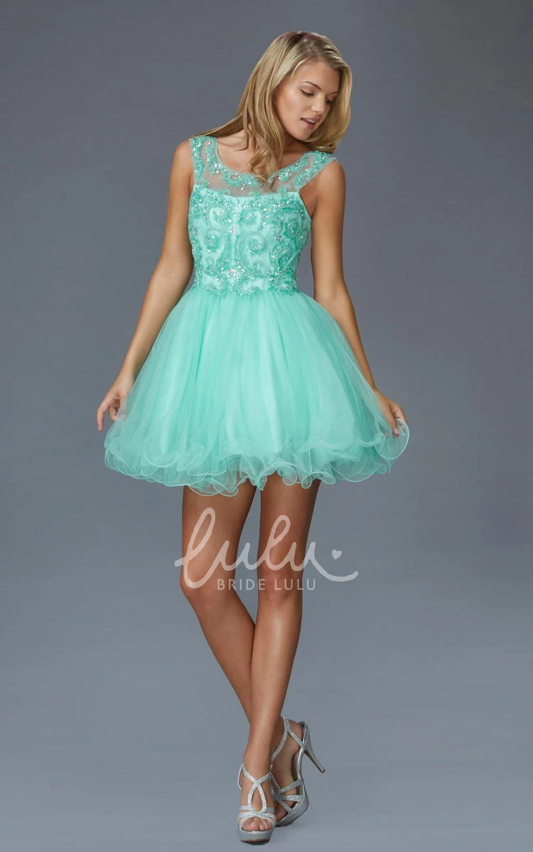 Bateau Sleeveless A-Line Tulle Prom Dress with Sequins and Beading