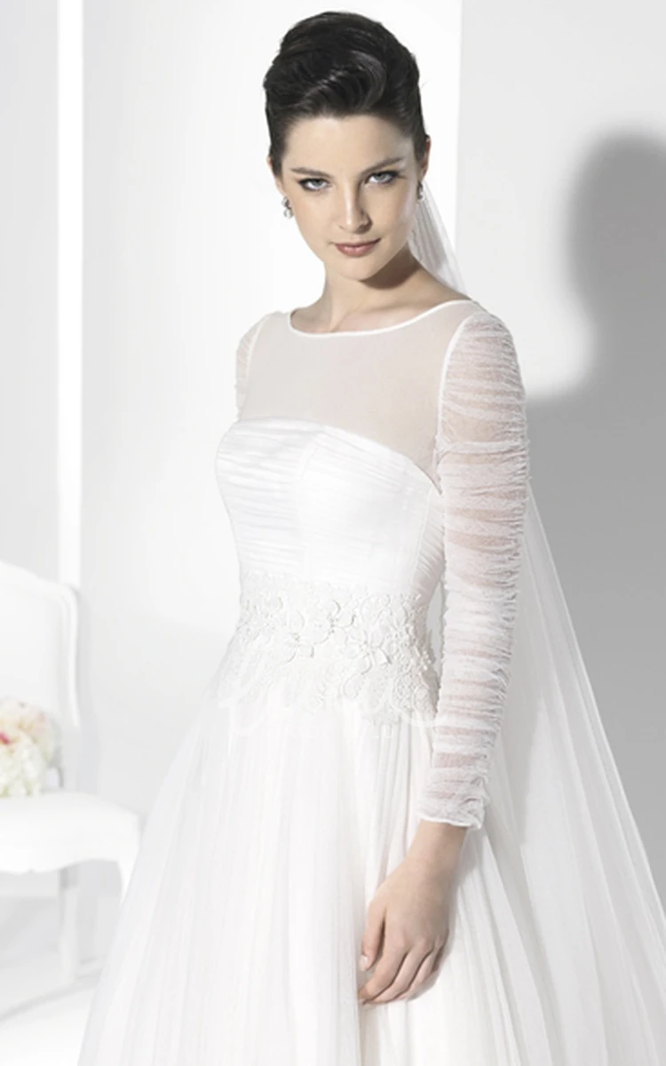 Appliqued Tulle Long-Sleeve Wedding Dress with Scoop Neck and Floor-Length Train