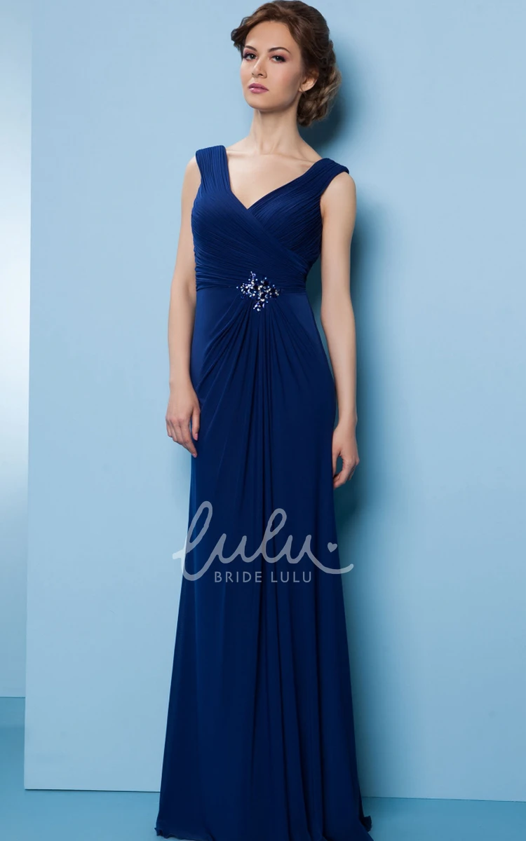 Jeweled Chiffon Bridesmaid Dress with V-Neck and Sweep Train Long V Back Classy