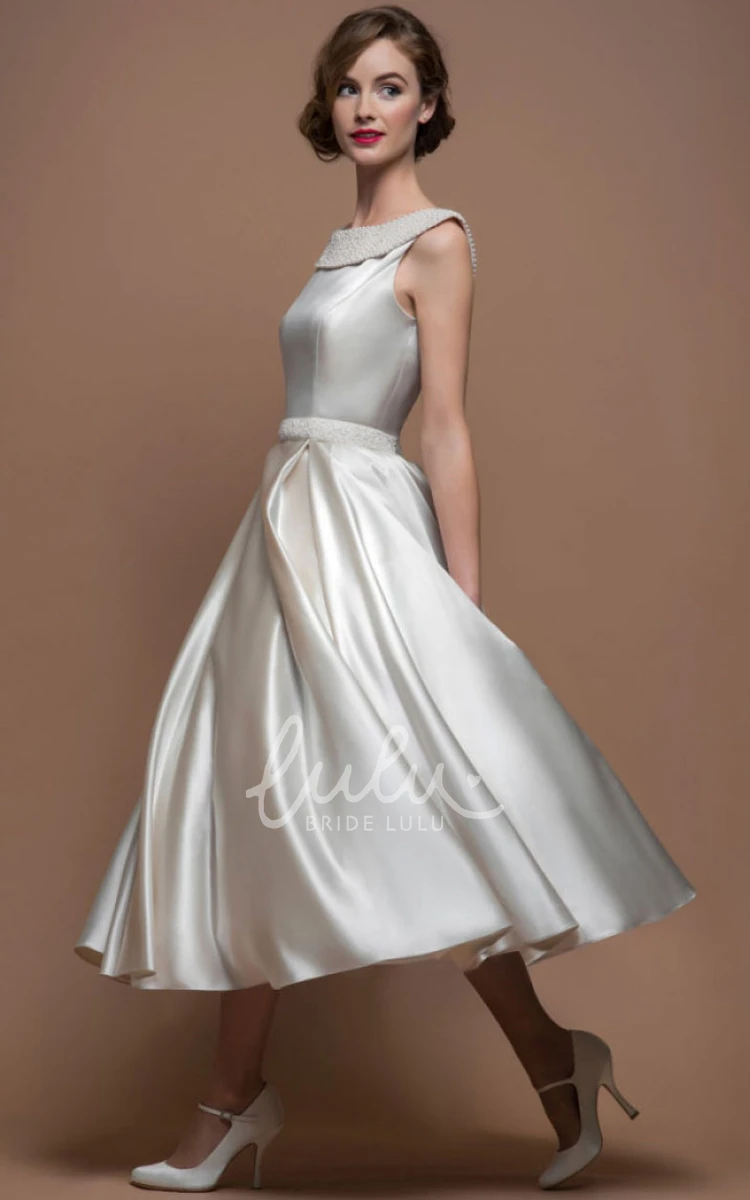 Beaded V-Back Tea-Length Satin Wedding Dress A-Line Scoop-Neck