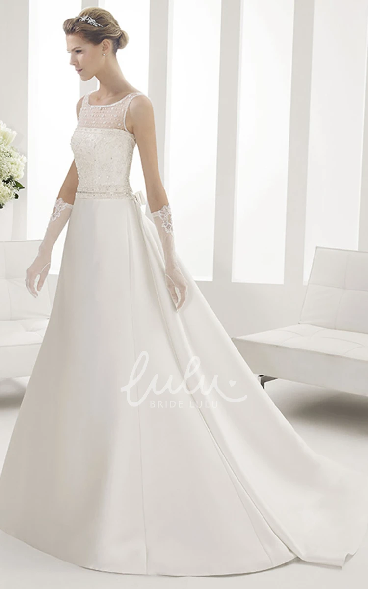 Crystal Bodice Illusion Satin Wedding Dress with Jewel Neckline