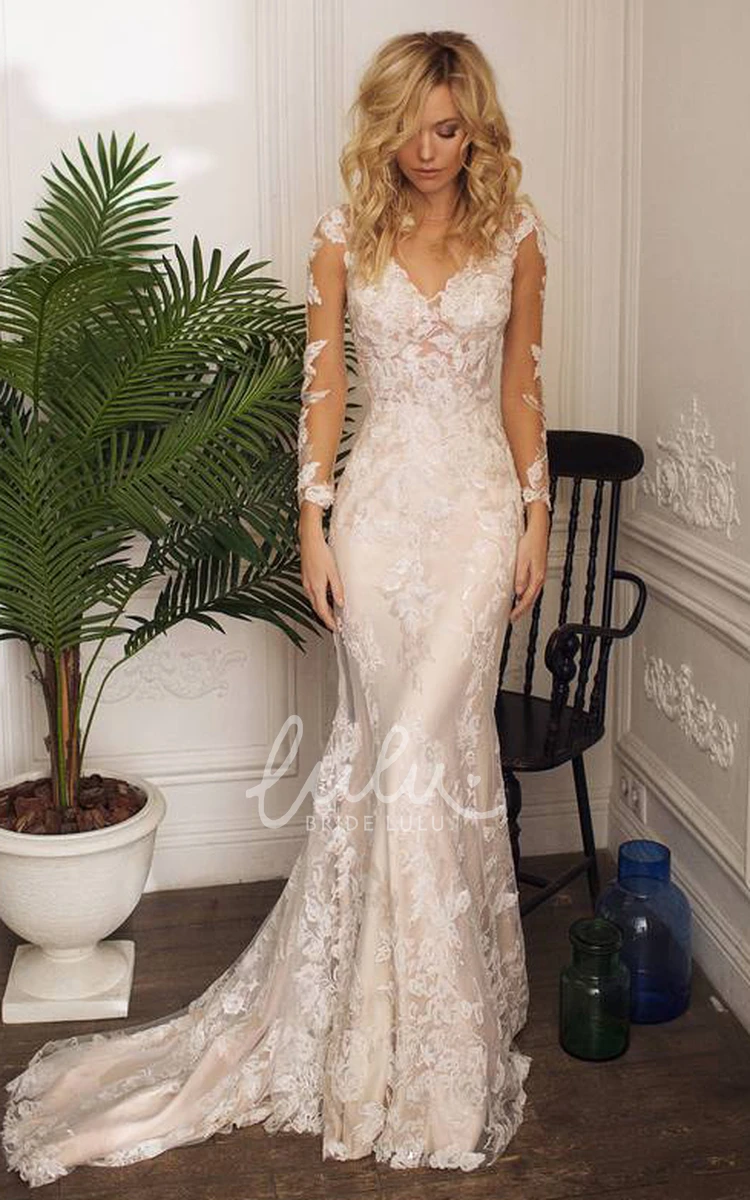 Illusion Long Sleeve Mermaid Wedding Dress with Jewel Neckline and Lace Appliques