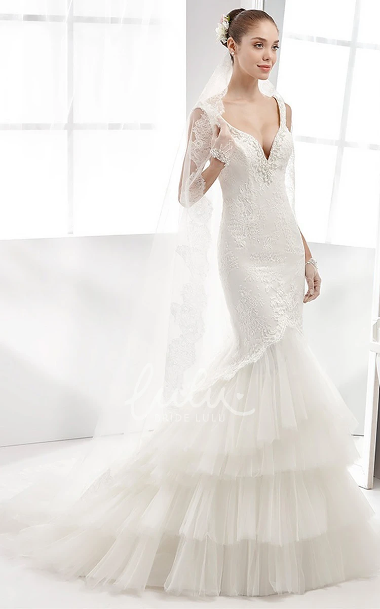 Deep-V Sheath Lace Wedding Dress with Tulle Train and Open Back