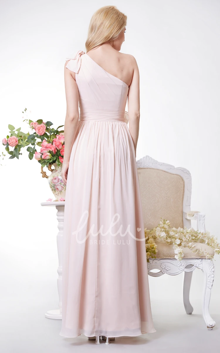 One Shoulder Greek Style Chiffon Dress with Bows and Long Flowing Skirt