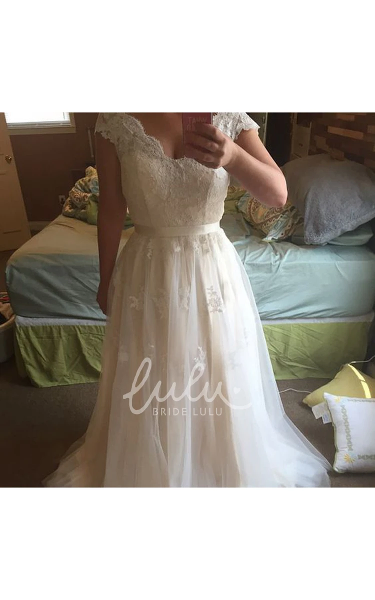 Lace Bodice A-Line Tulle Gown with Scalloped Neckline and Cap Sleeves
