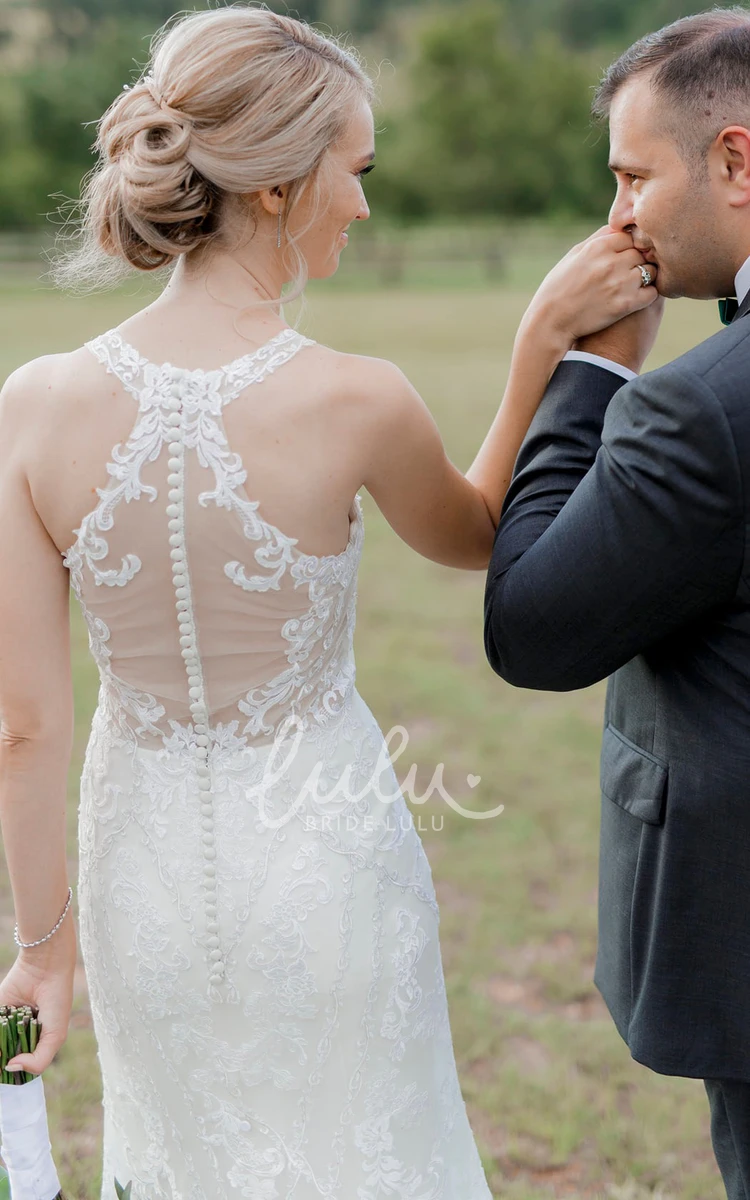 Casual Lace Mermaid Wedding Dress with Jewel Neckline and Illusion Back Unique Style