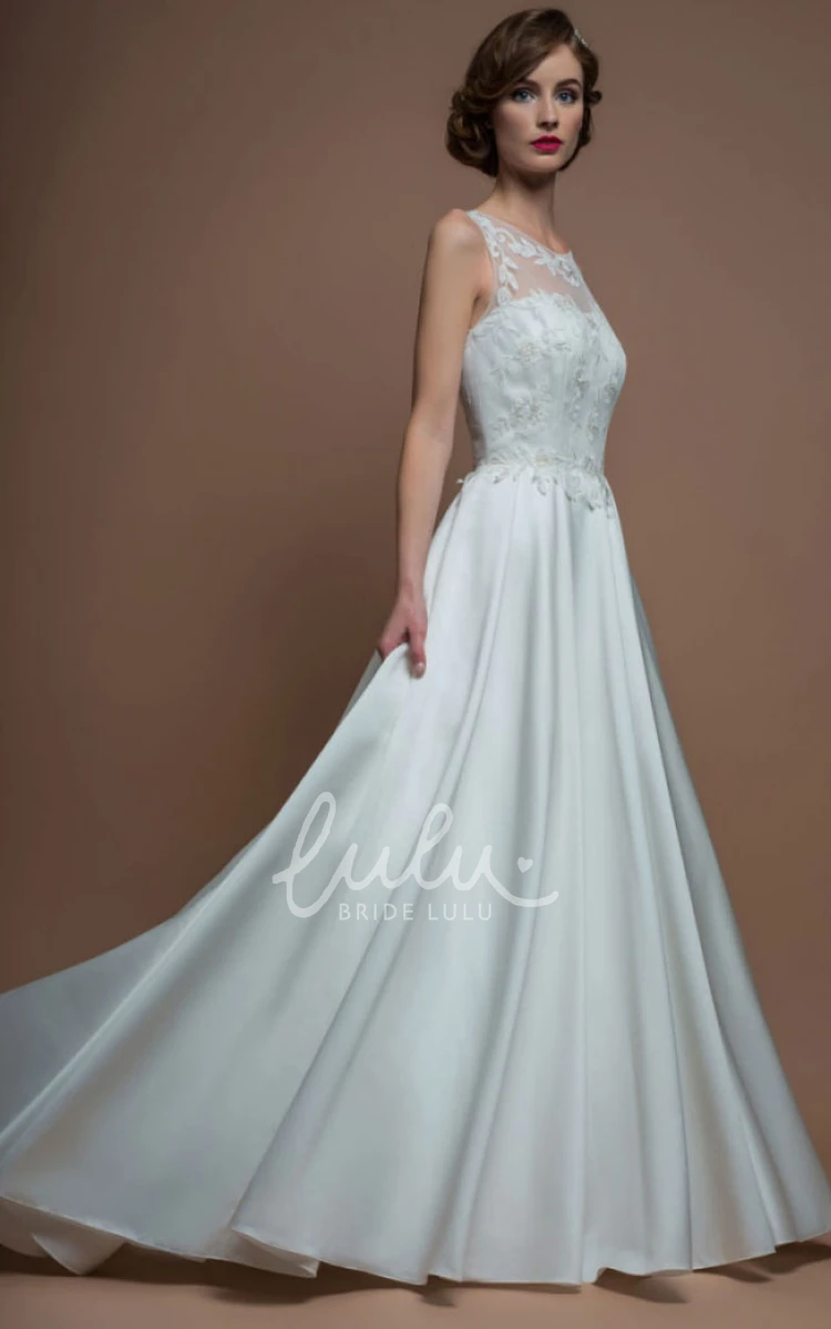 Satin A-Line Wedding Dress with Illusion Back and Brush Train