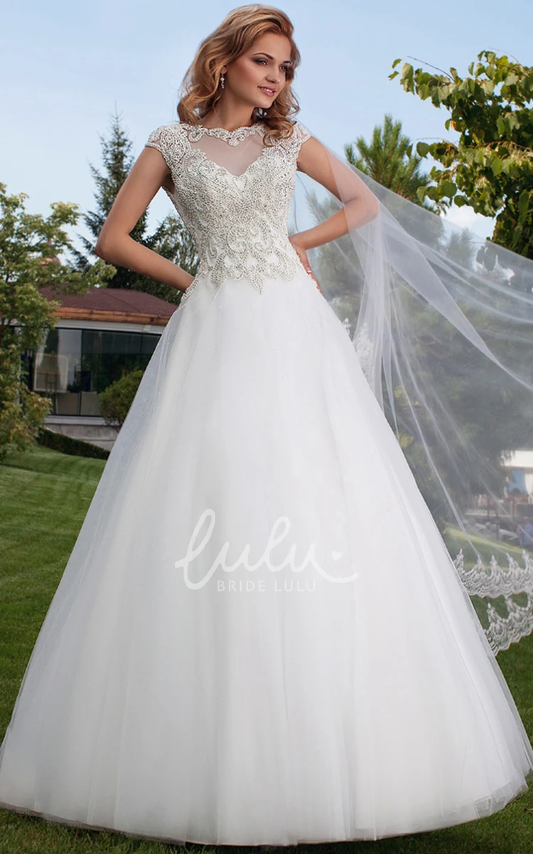 Cap Sleeve Appliqued Tulle Wedding Dress Elegant Ball Gown