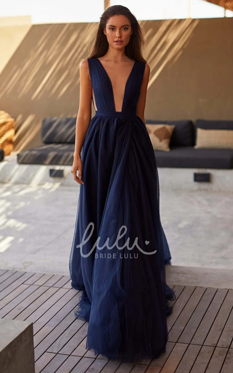 A Line Tulle Evening Dress with Split Front and Sleeveless