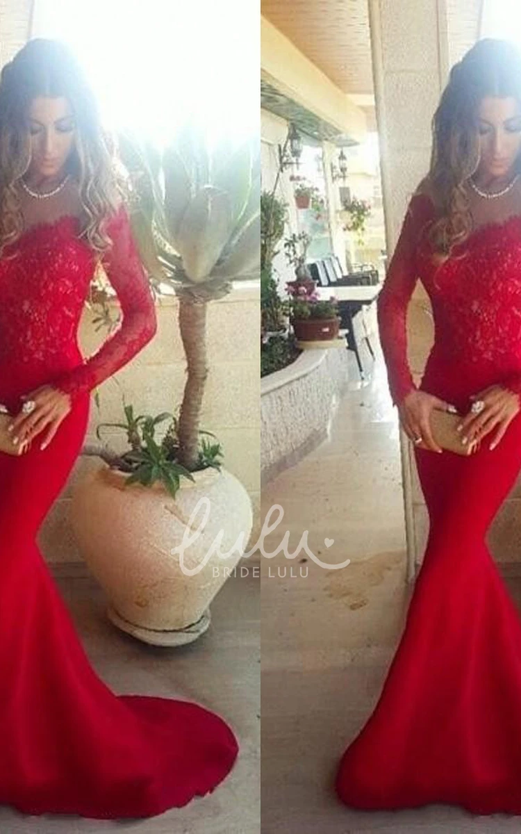 Red Lace Mermaid Prom Dress with Long Sleeves and Sweep Train