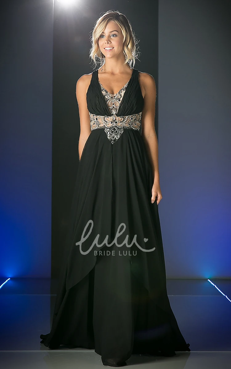 A-Line Empire Chiffon Keyhole Dress with Beading and Draping V-Neckline