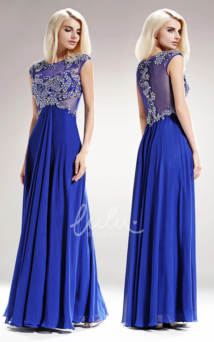 Empire Chiffon Illusion Cap-Sleeve Formal Dress with Beading and Pleats