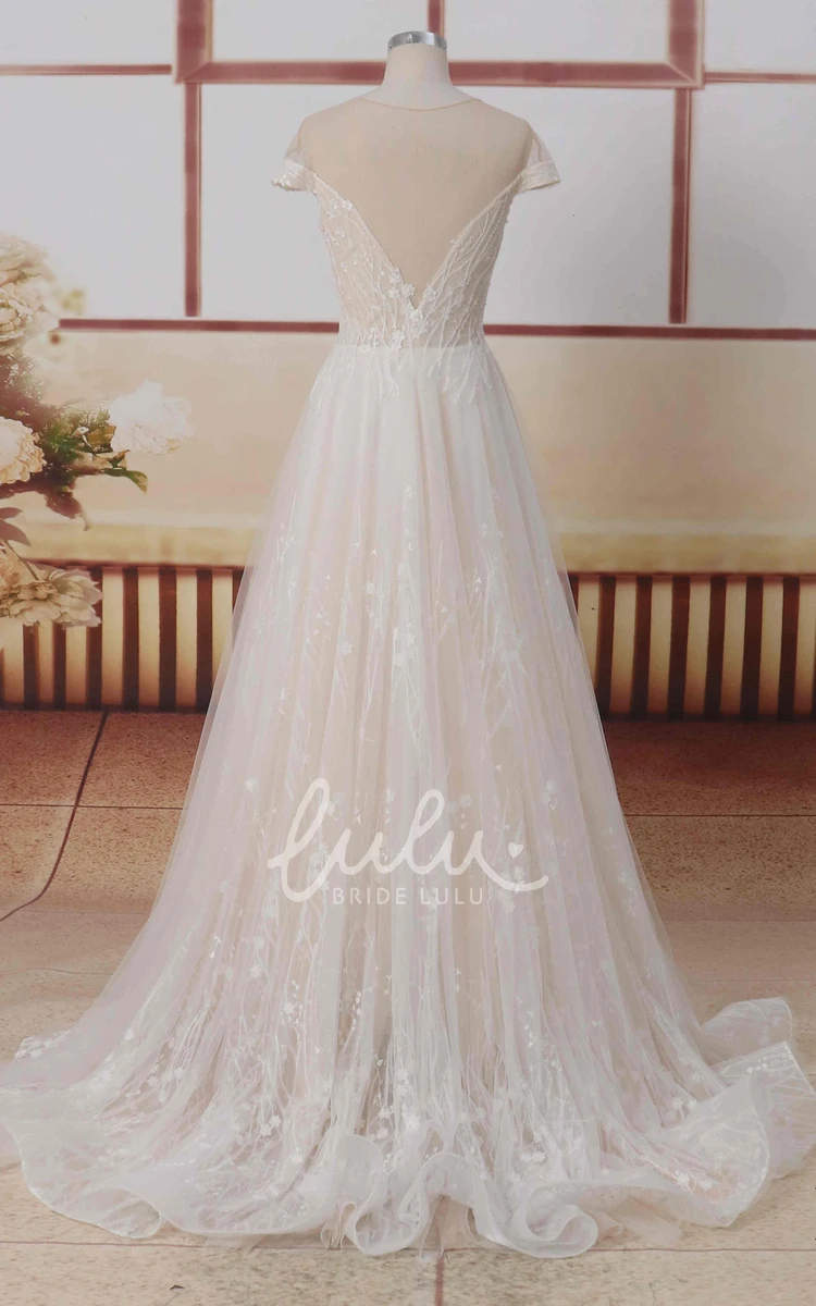 A-line Lace Tulle Wedding Dress with Illusion Sleeves and Jewel Neckline Classic Bridal Gown