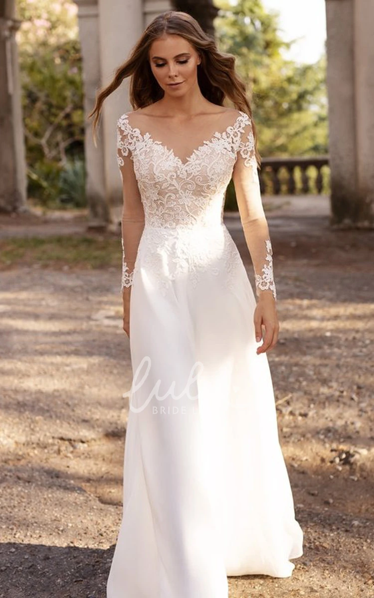 Satin Lace A Line Illusion Wedding Dress with Bateau Long Sleeves and Sweep Train Unique Bridal Gown