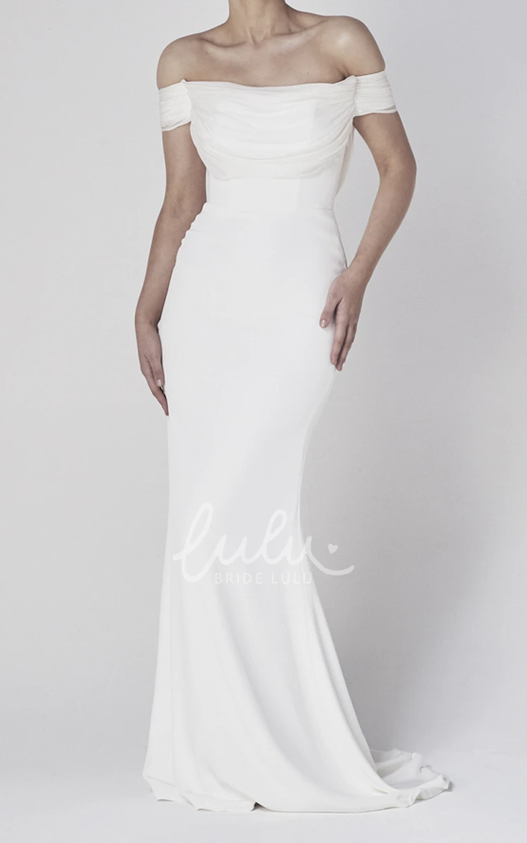 Sheath Satin Bridal Gown with Off-the-shoulder Tiers and V-back Elegant Wedding Dress