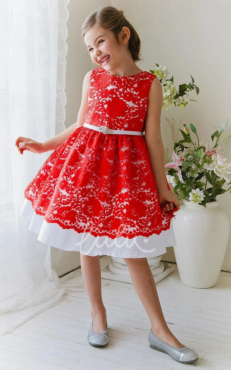 Beaded Floral Lace and Satin Tea-Length Flower Girl Dress with Ribbon Simple Wedding Dress