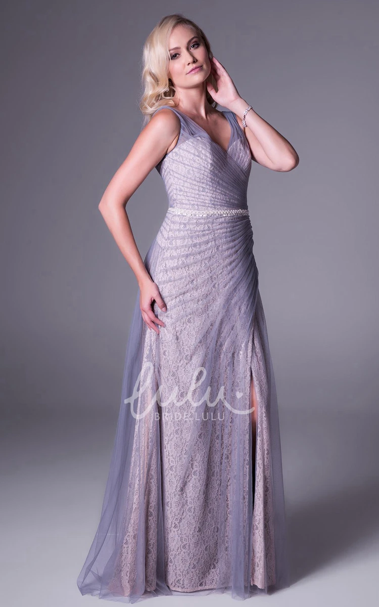 Sheath Lace Sleeveless Maxi Bridesmaid Dress with Split Front Elegant Tulle Dress