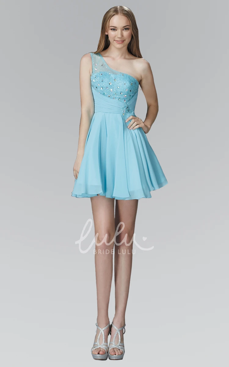 One-Shoulder Chiffon Beaded A-Line Mini Prom Dress with Sleeveless