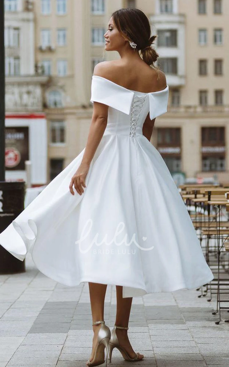 Off-Shoulder A-Line Satin Tea-length Wedding Dress with Ruching Sleeveless