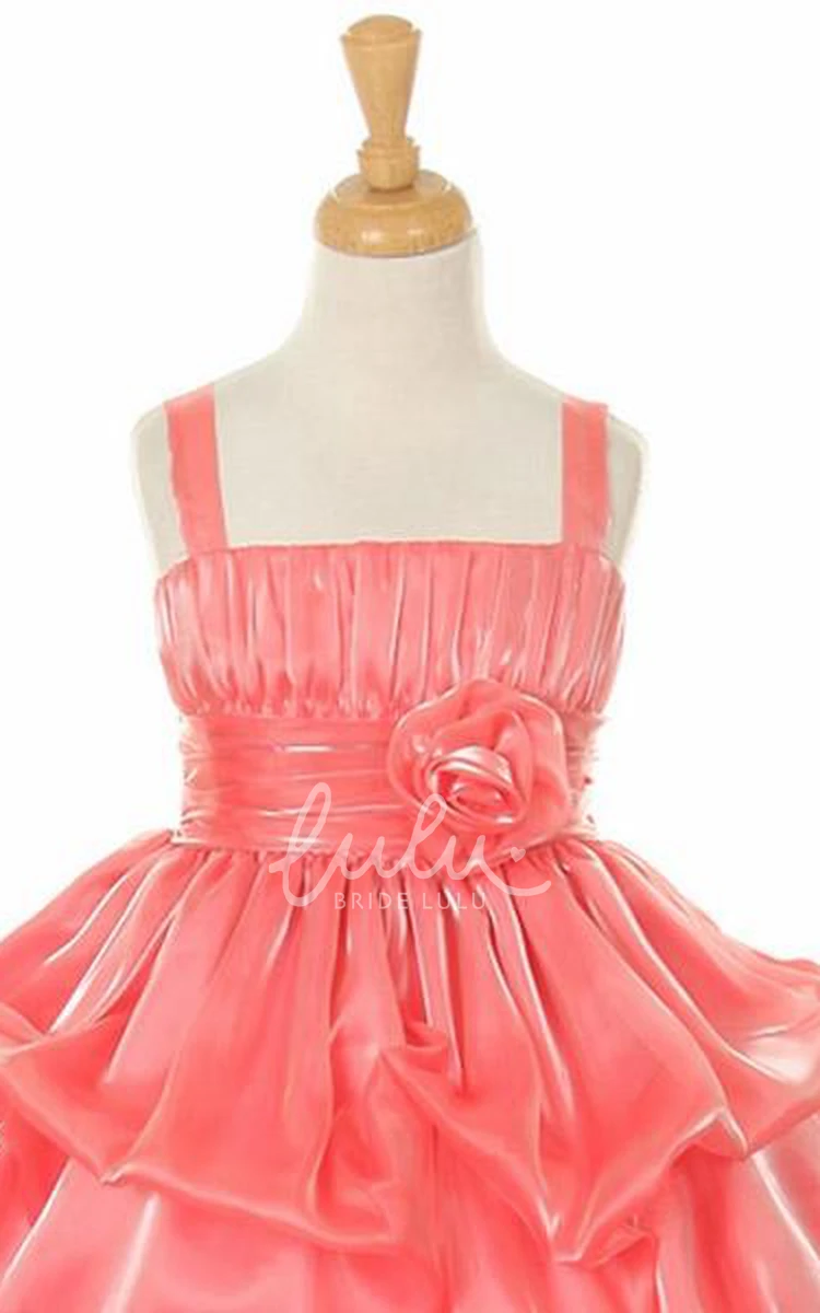 Spaghetti Ruched Organza&Satin Flower Girl Dress Tea-Length Pick Up Wedding Dress