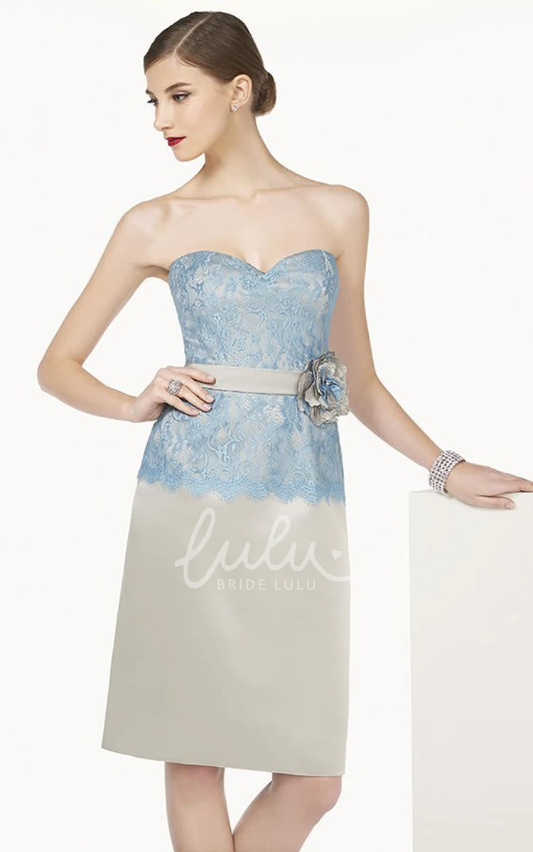 Knee Length Satin Prom Dress with Lace Top and Floral Sash