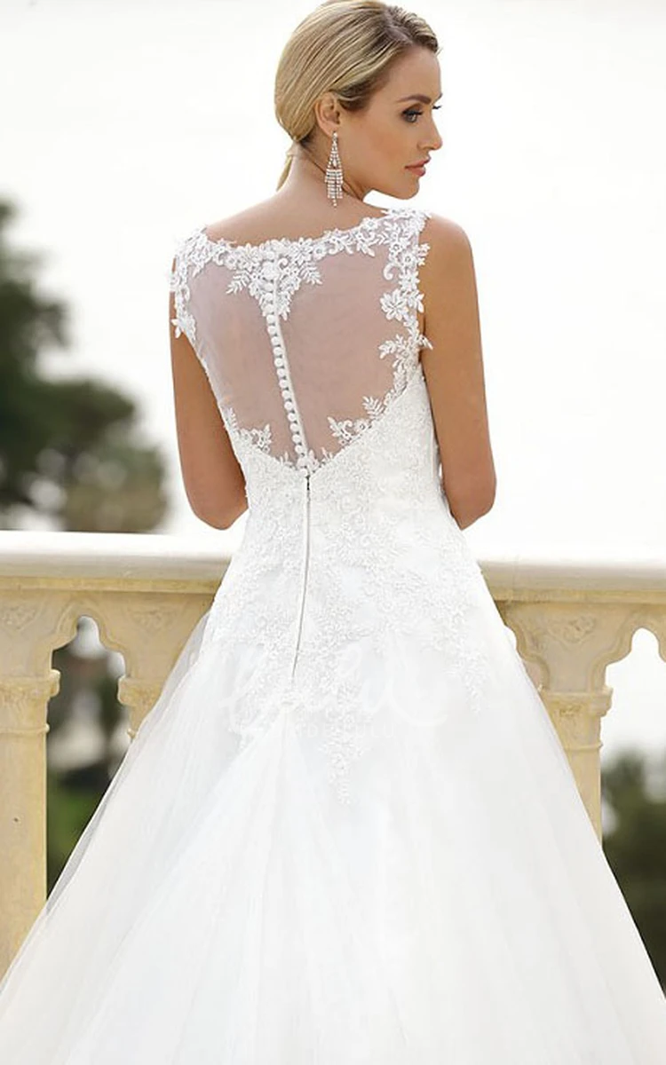 Illusion Court Train Tulle Wedding Dress with Appliques Elegant Bridal Gown