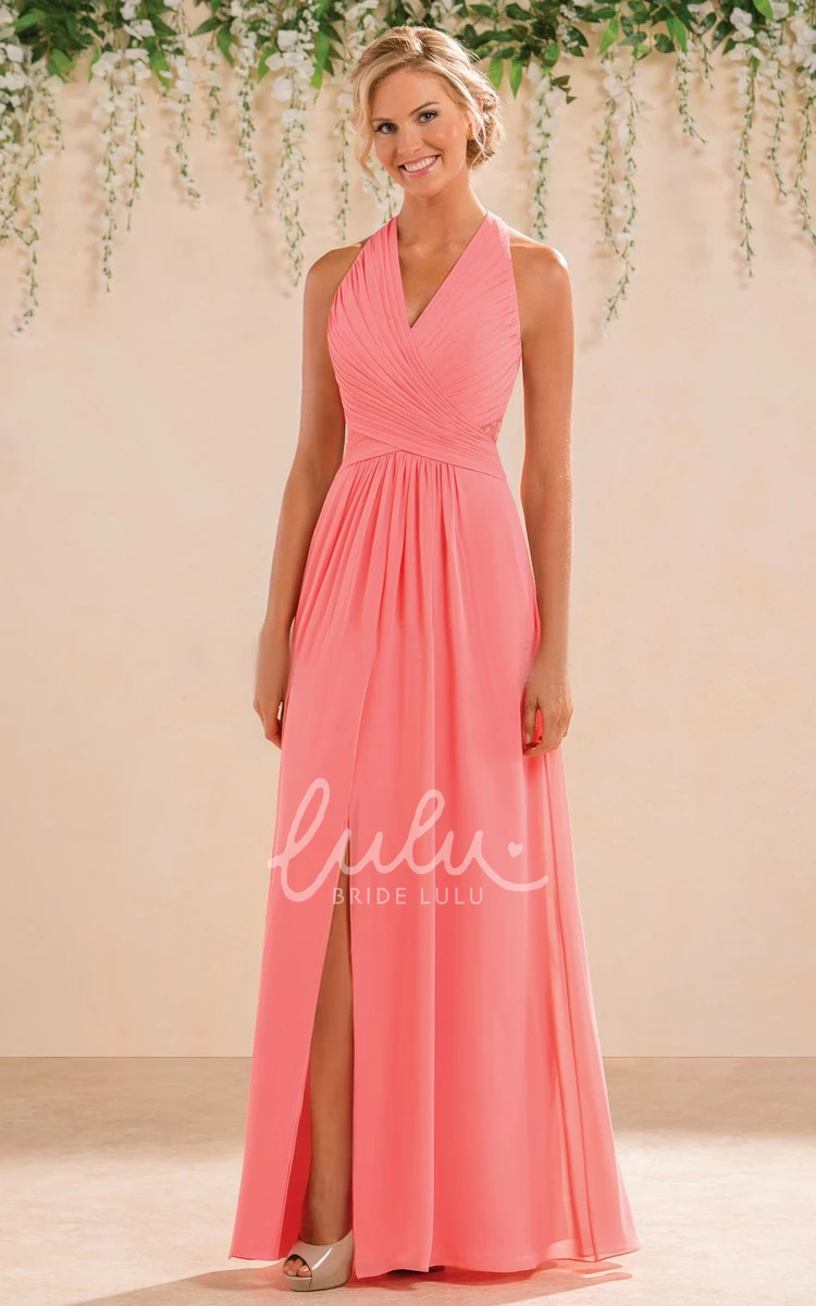 Halter Chiffon A-Line Bridesmaid Dress with Front Slit Elegant 2024 Women's Dress