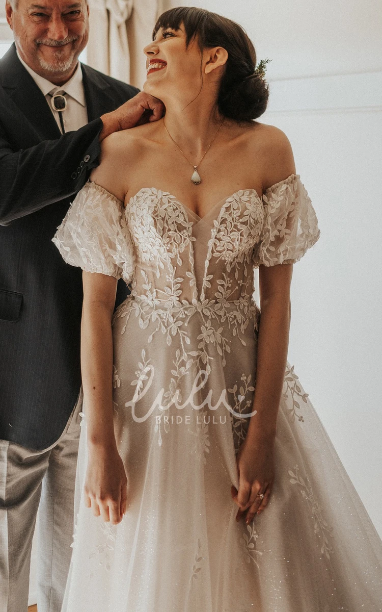 Modern A Line Tulle Wedding Dress Off-shoulder Train Romantic Garden