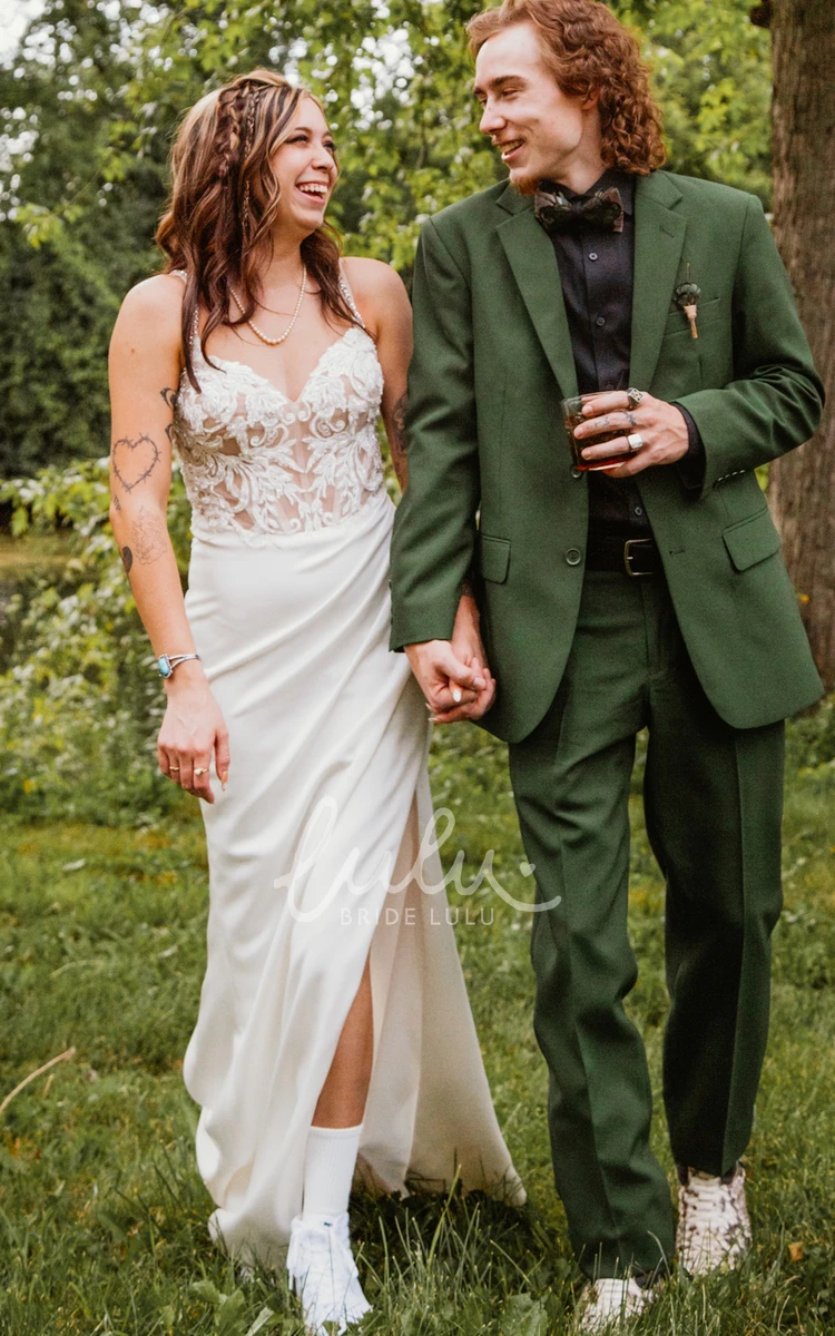 Sexy Sheath Spaghetti Split Front Appliques Lace Satin Garden Bride Wedding Dress