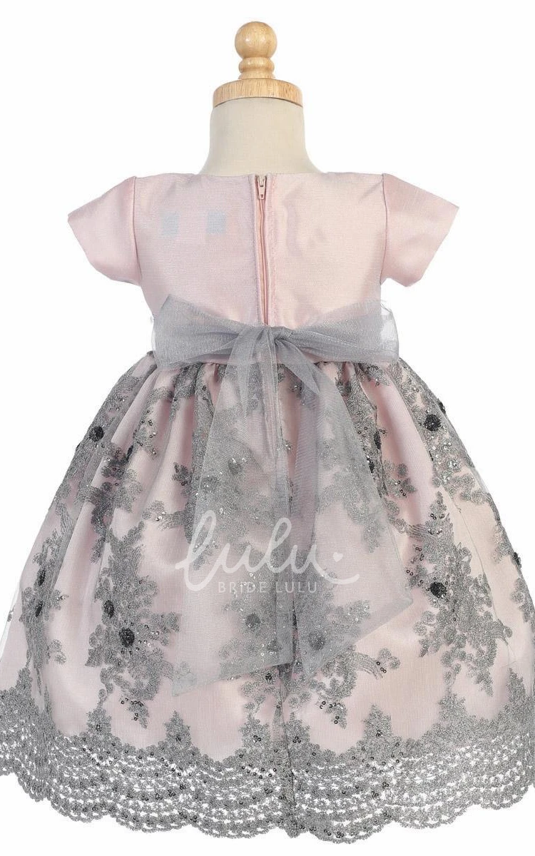 Embroidered Sequin Tulle Floral Dress with Sash Tea-Length Flower Girl Dress