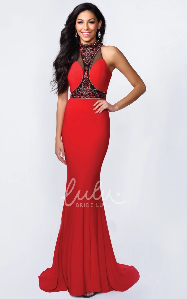 Illusion Beaded High Neck Sheath Jersey Dress