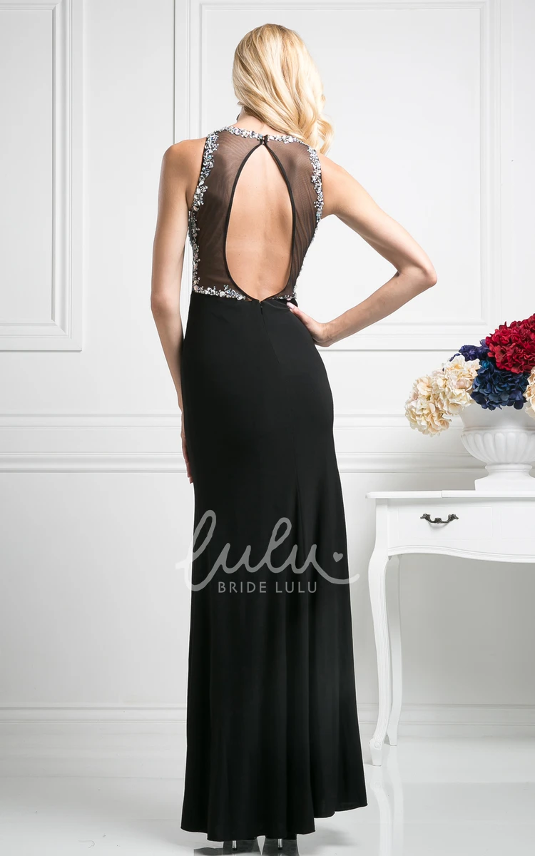 Crystal Detailing Chiffon Sheath Dress with Jewel-Neck and Keyhole