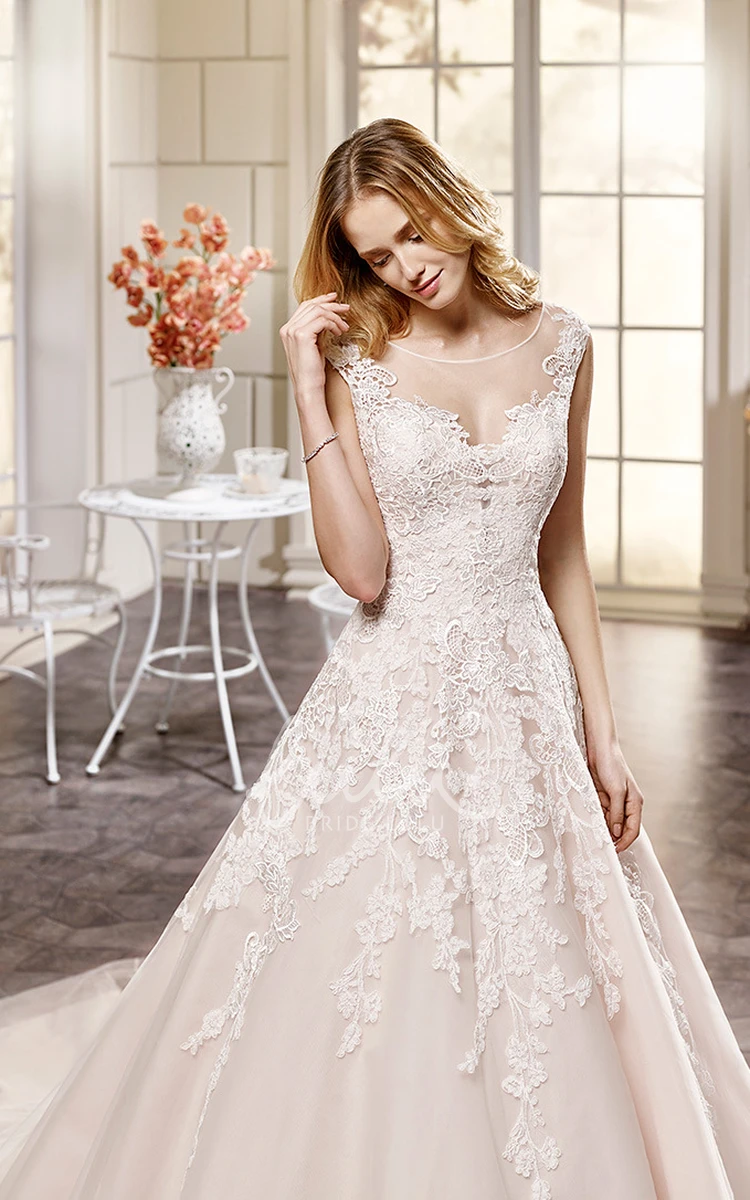 Cap-Sleeve Lace Wedding Dress Appliqued Scoop-Neck Ball Gown