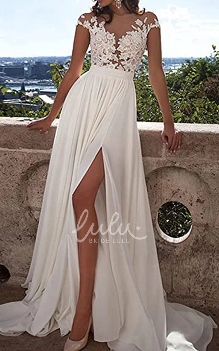 Romantic Jersey Illusion Sleeve A-Line V-Neck Wedding Dress