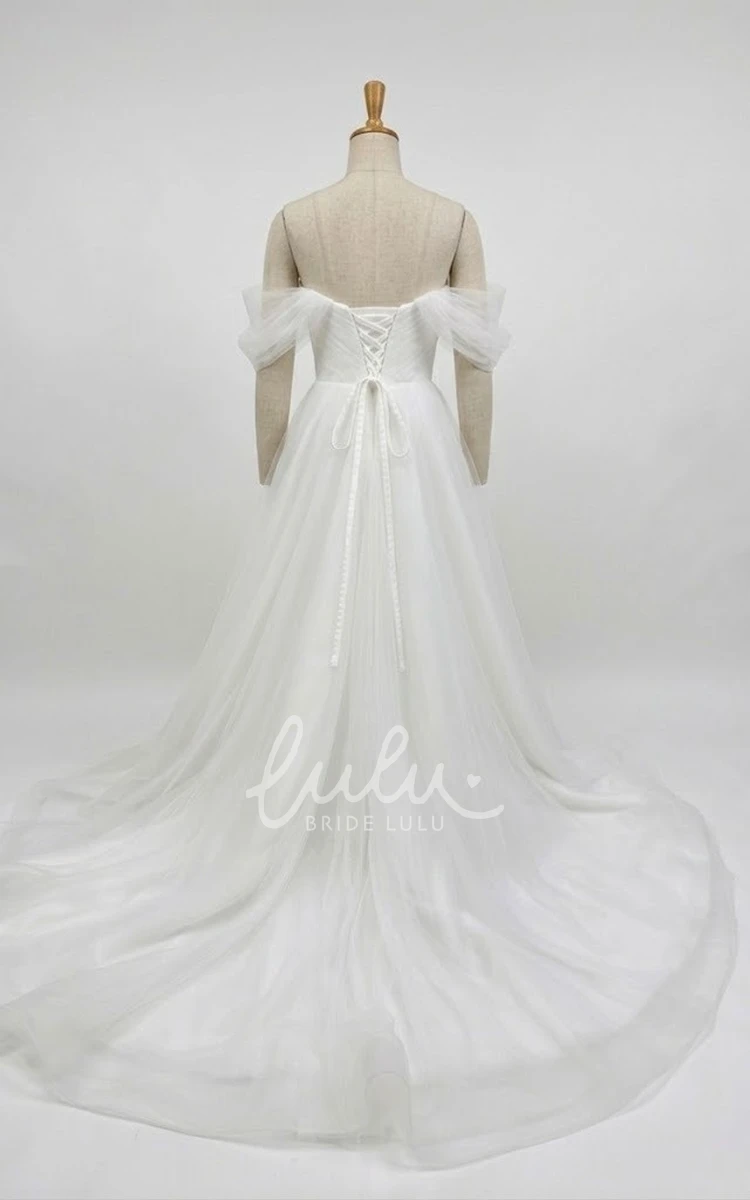 A-Line Off Shoulder Tulle Wedding Dress Romantic Sweetheart Princess Gown with Lace-up Back