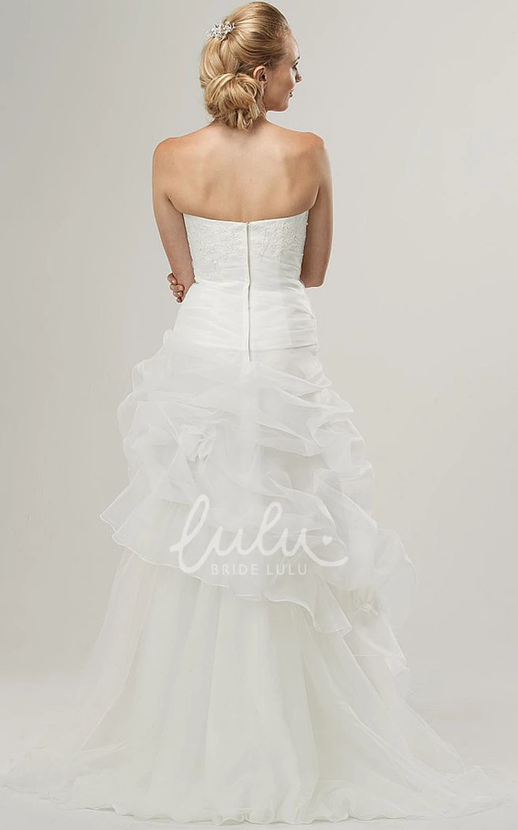 Tulle and Lace A-Line Wedding Dress with Pick Up Flower and Strapless Design