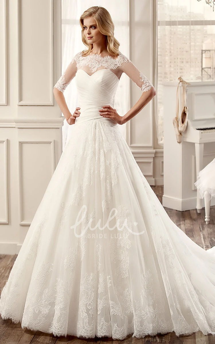 Long Wedding Dress with Pleated Skirt and Half-Sleeves Classic Bridal Gown