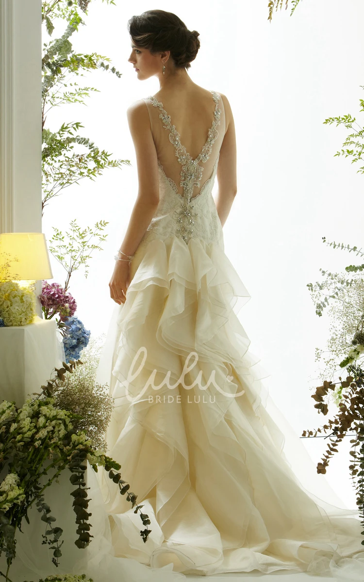 Beaded Trumpet Sleeveless Wedding Dress with Ruffles Long Bridal Gown