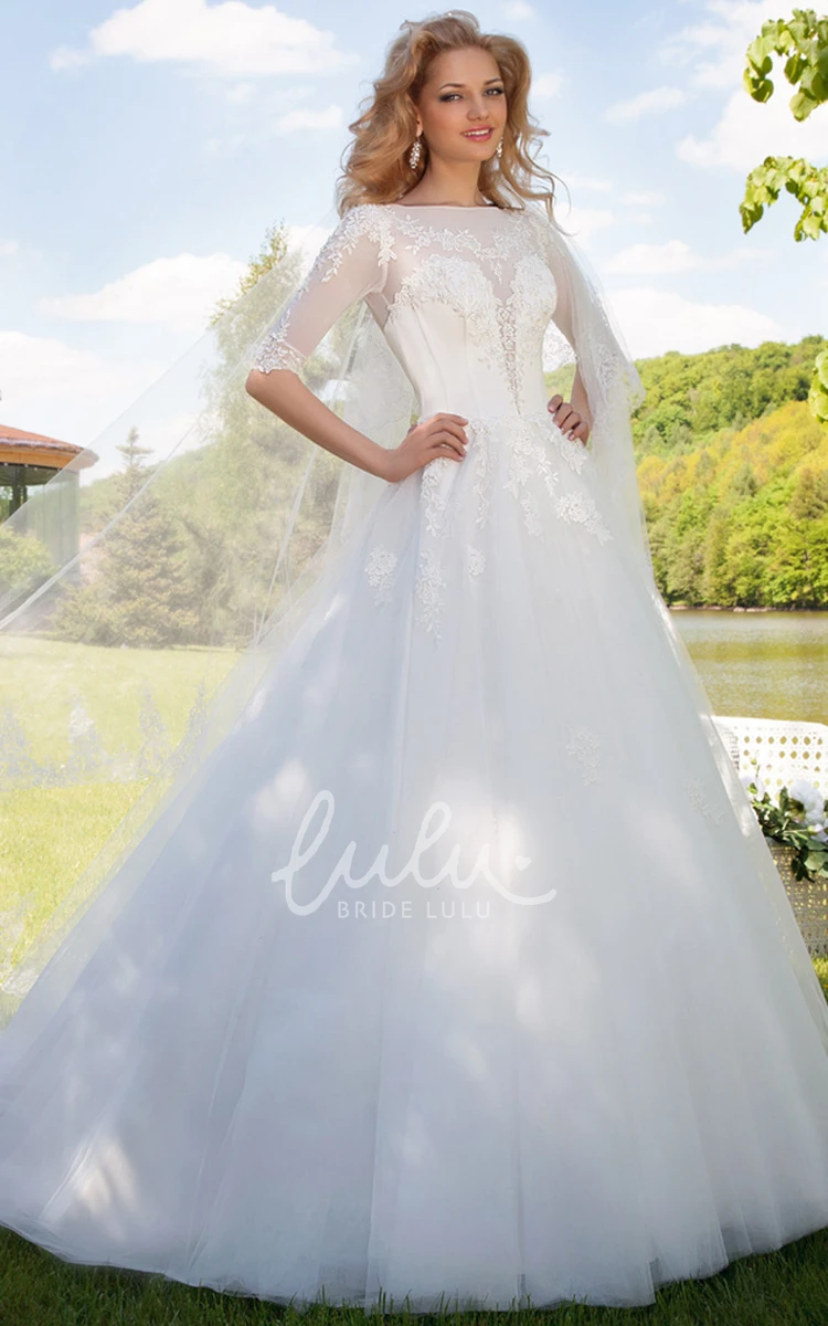 Appliqued Tulle Ball Gown Wedding Dress With Illusion Neckline and Sleeves