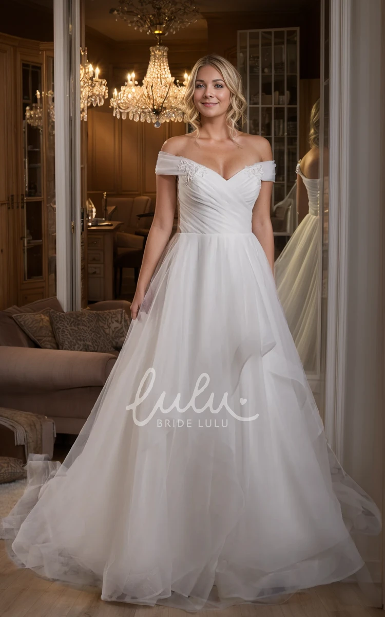 Romantic Vintage Plus Size A-Line Off-the-Shoulder Wedding Dress Ethereal Casual Ruched Beaded Organza Sweep Train Bridal Gown