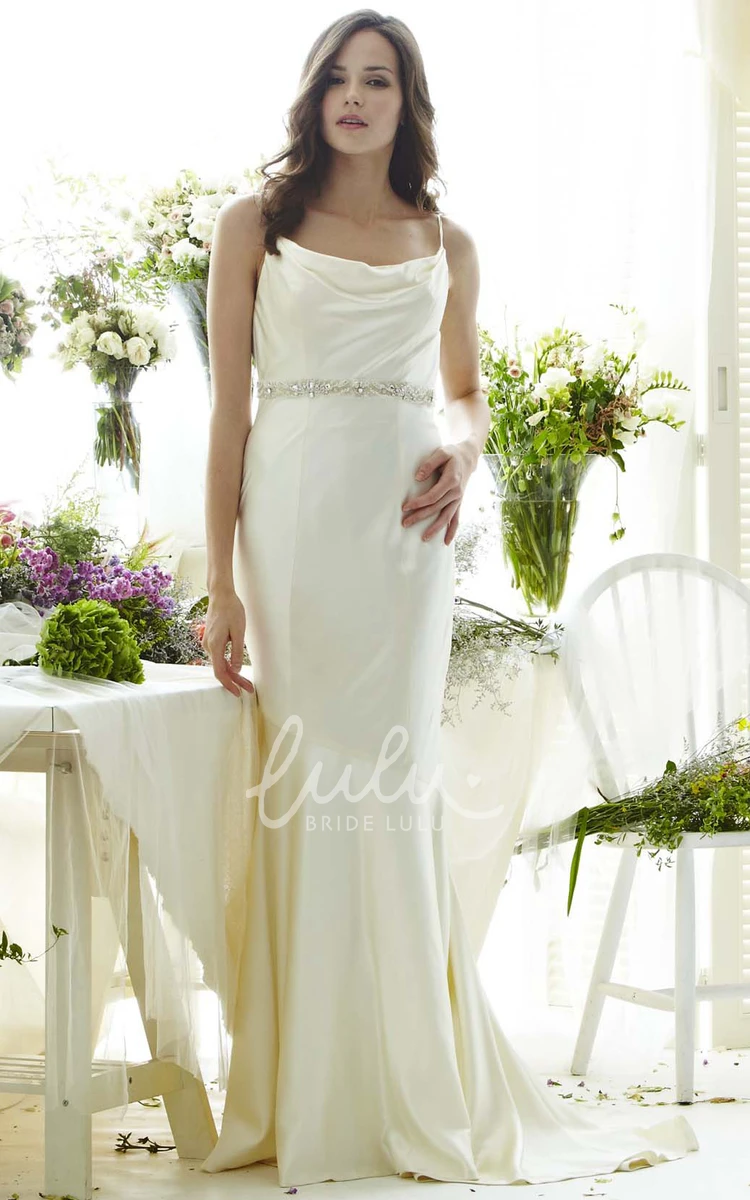 Jeweled Satin Spaghetti Wedding Dress with Brush Train and V Back Glamorous Floor-Length Style