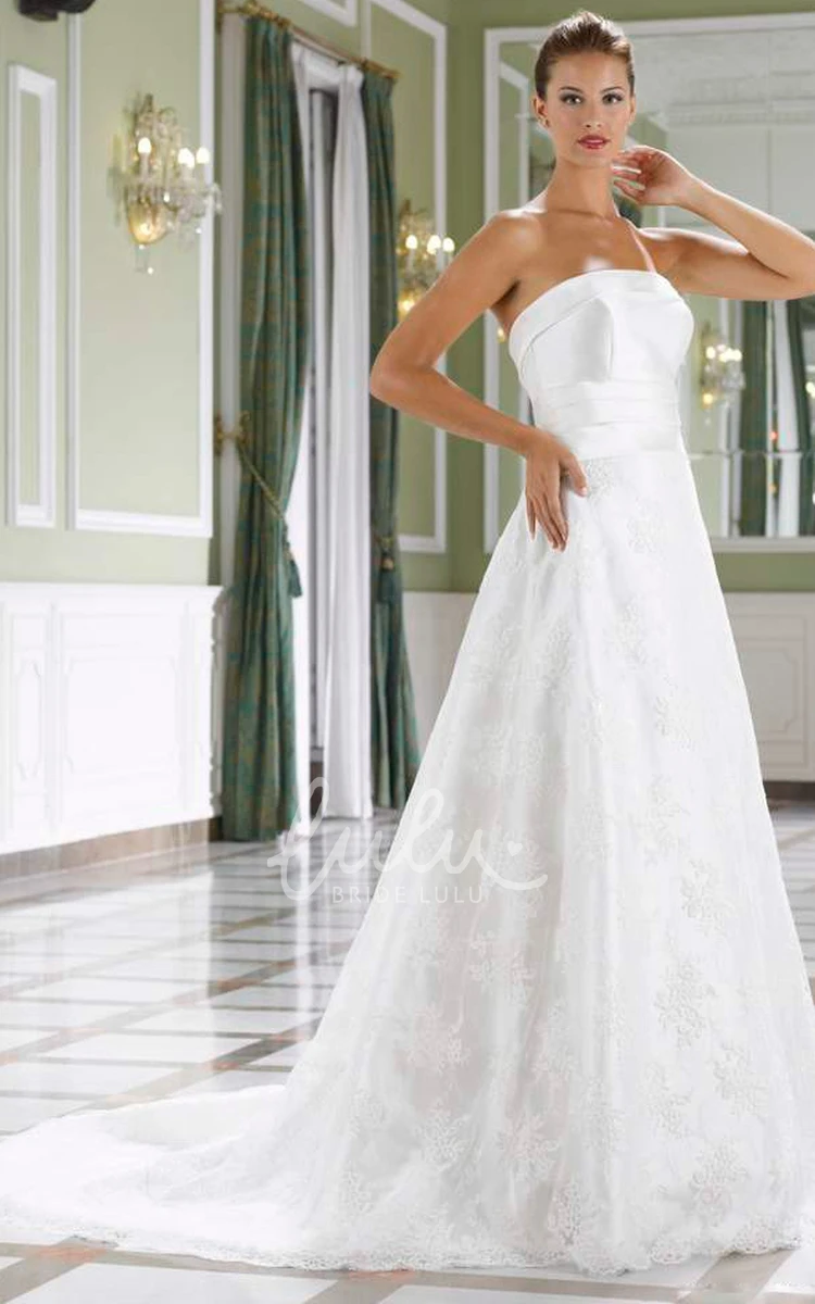 Strapless Satin&Lace A-Line Wedding Dress with Court Train and Backless Style