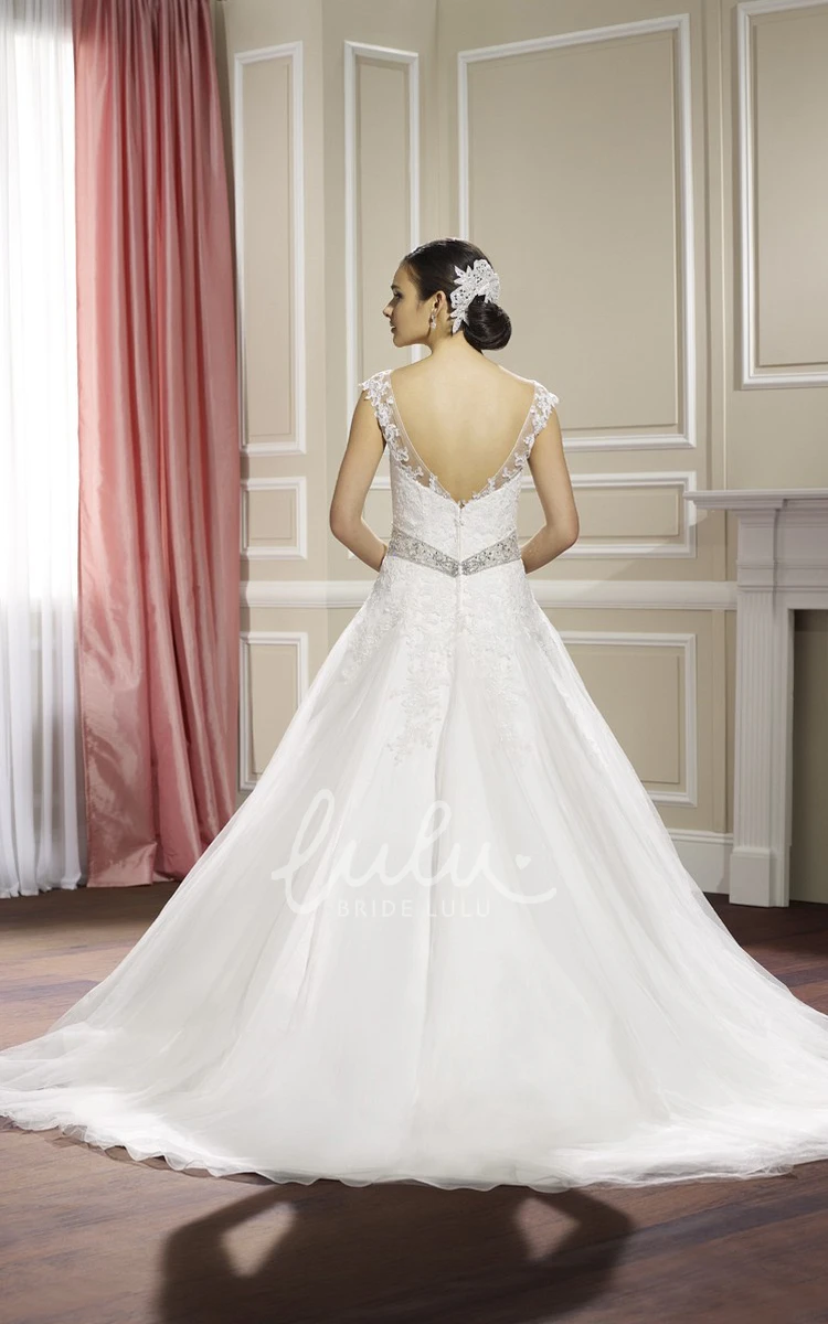 Lace Appliqued A-Line Wedding Dress with Cap Sleeves and V-Back