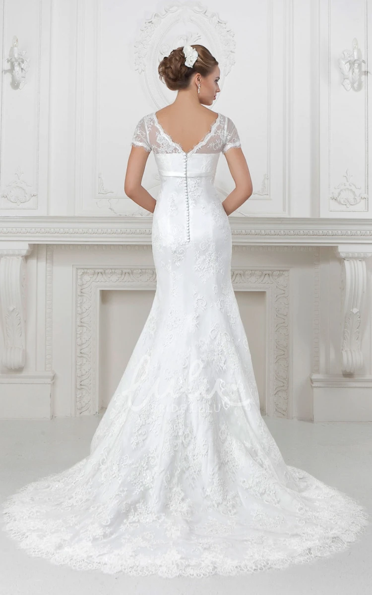 V-Neck Lace and Satin Trumpet Wedding Dress with Waist Jewelry