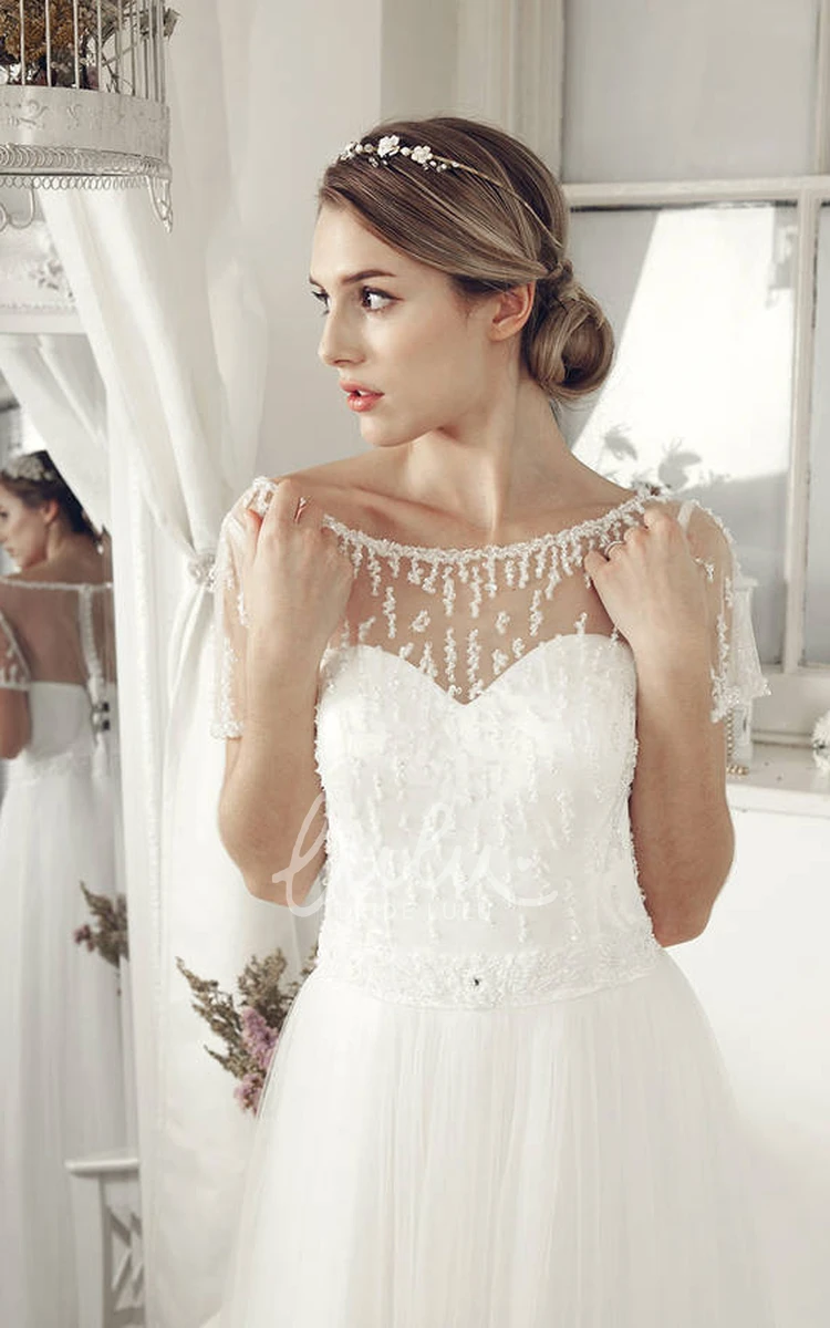 Beaded Tulle Short Sleeve Scoop Neck Wedding Dress