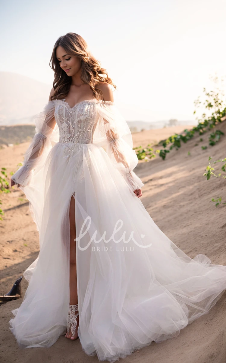 Sparkly Flowy Detachable Long Sleeve Spring A-Line Wedding Dress Ethereal Sexy Split Front Sweetheart Beach Country Garden Bridal Gown