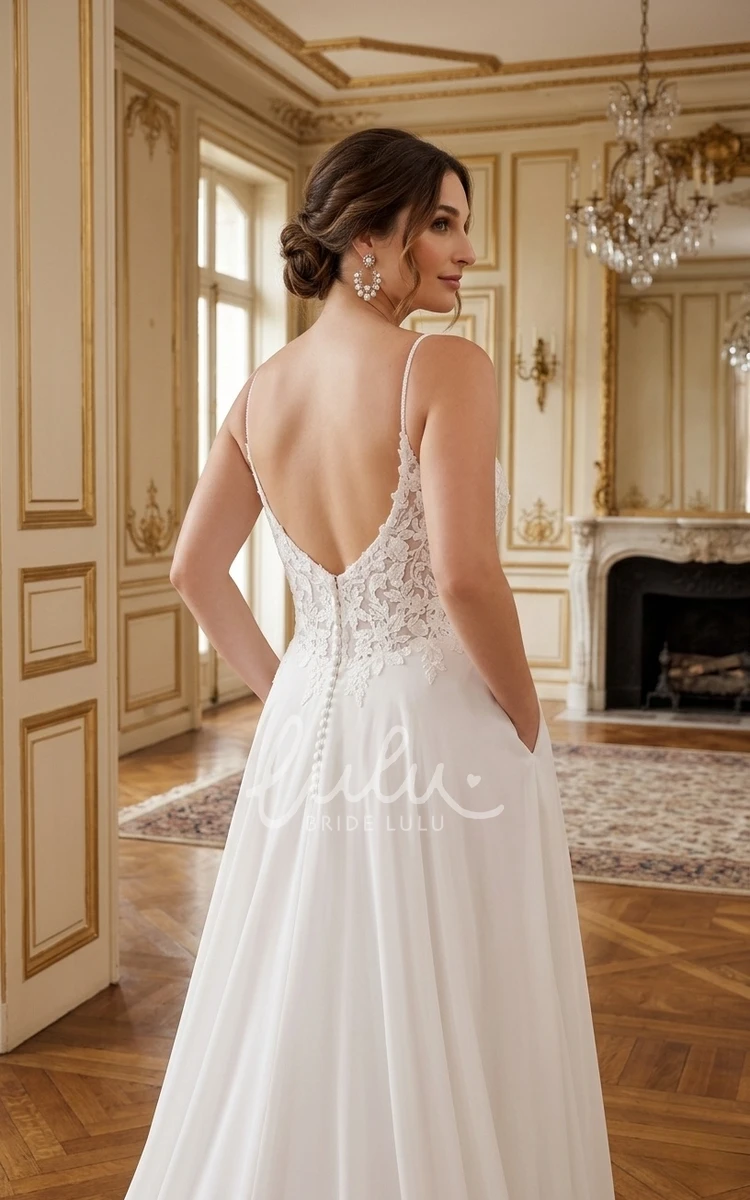 A-Line Sleeveless Plus Size Wedding Dress V-Neck Chiffon Slit Bridal Gown with Pockets