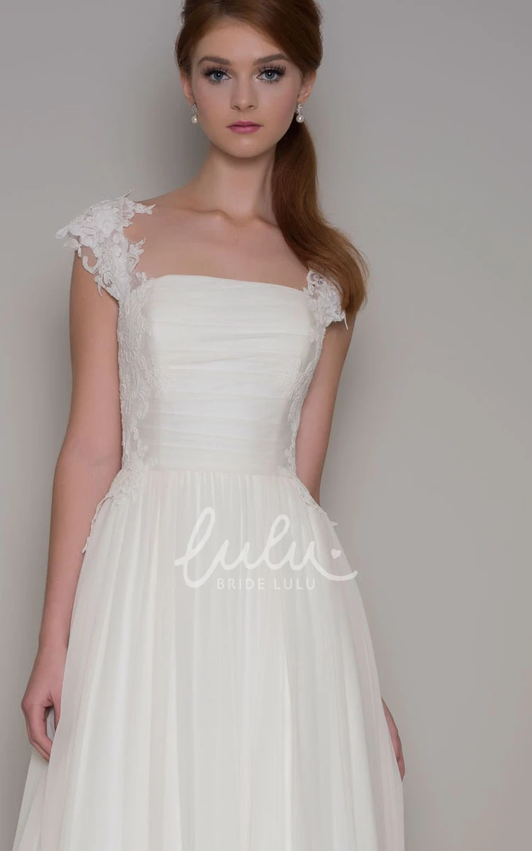 Cap-Sleeve Floor-Length A-Line Chiffon Wedding Dress With Lace Flowy Bridal Gown